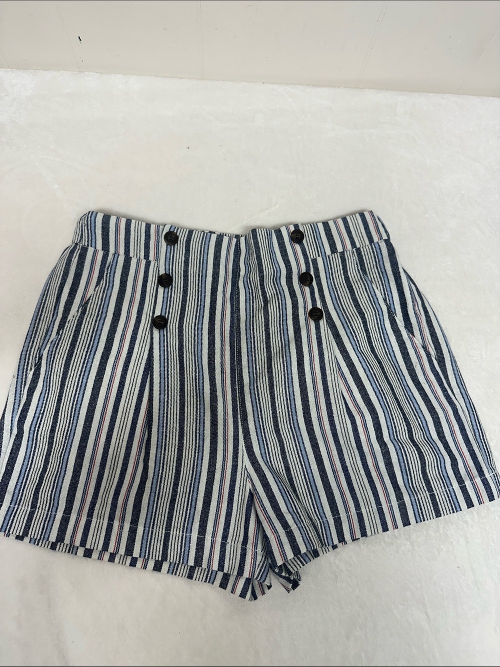 Striped High-Waist Button-Front Women’s Shorts in Navy & White